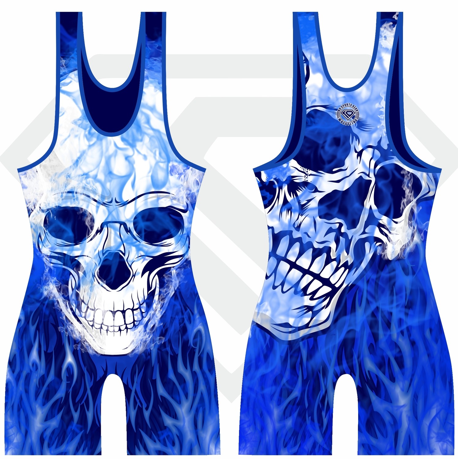 KO Sports Gear Gold and Blue Skull Wrestling Singlet Closeout Priced 