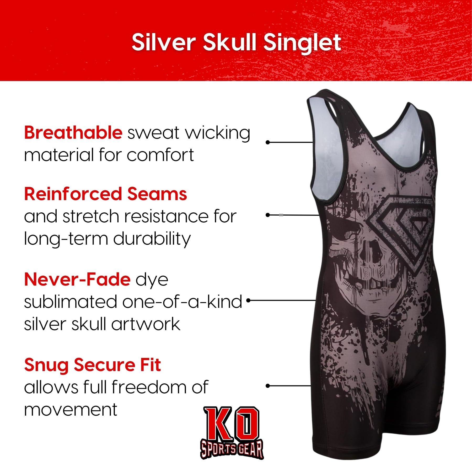 Wrestling Singlet by KO Sports Gear: SKULL – SILVER AND BLACK - Image 5