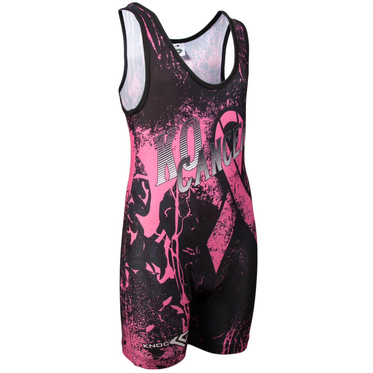 KO Sports Gear 'KO Cancer' Pink Ribbon Wrestling Singlet - Lightweight, Sublimated Design, Machine Washable