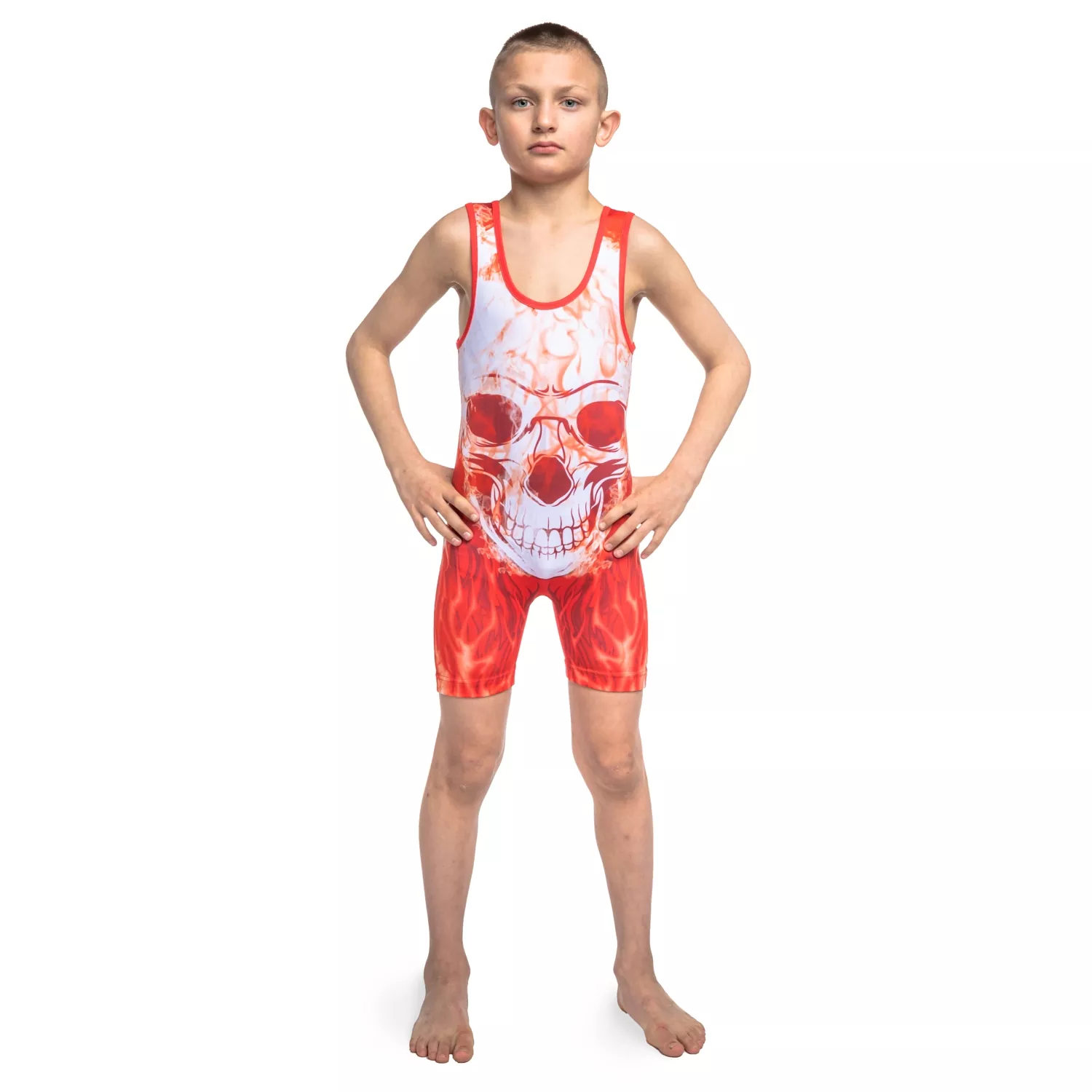 Wrestling Singlet by KO Sports Gear: RED FLAMING SKULL - Image 3
