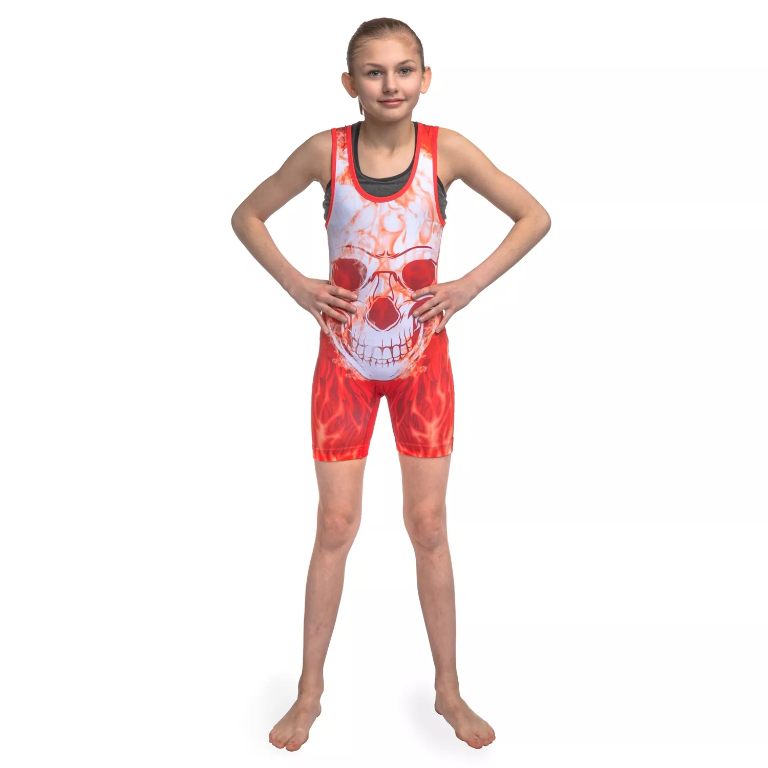 Wrestling Singlet by KO Sports Gear: RED FLAMING SKULL - Image 4