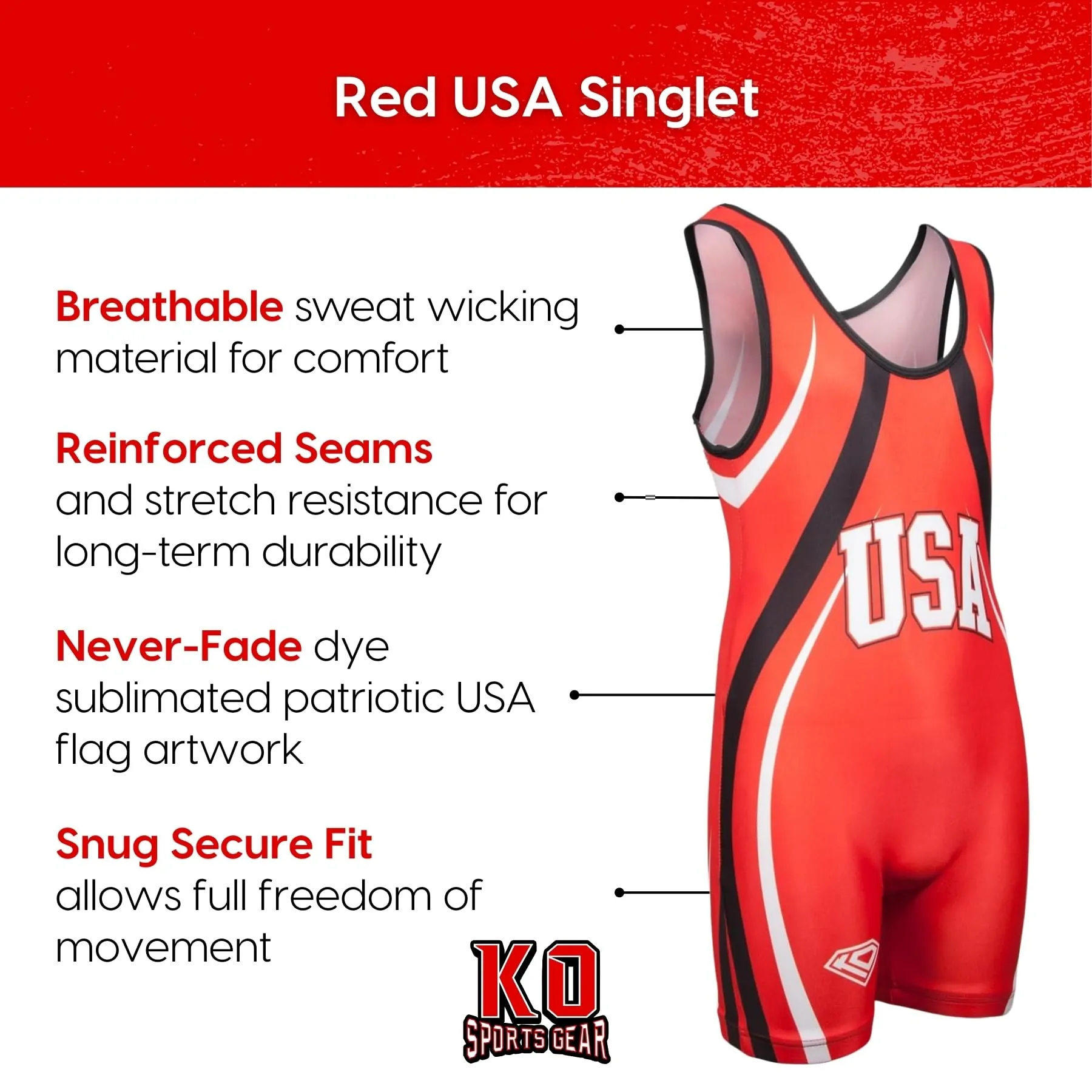 Wrestling Singlet by KO Sports Gear: USA – RED - Image 5