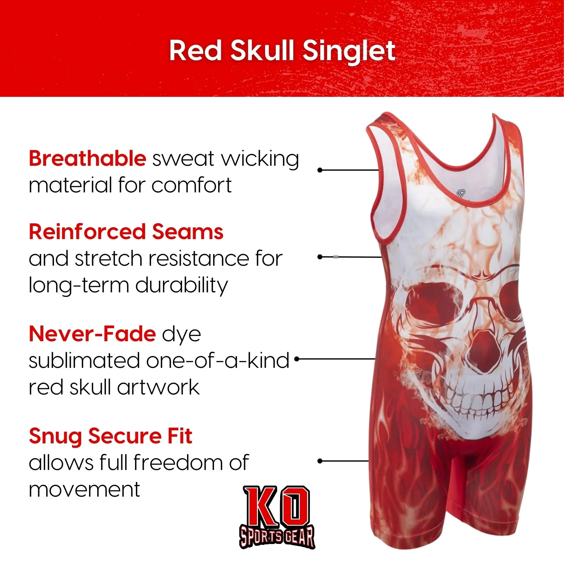 Wrestling Singlet by KO Sports Gear: RED FLAMING SKULL - Image 7